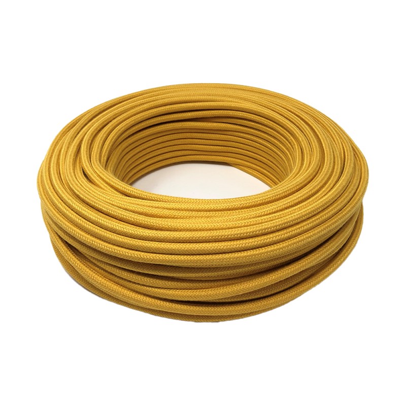 Round electric cable wrapped in yellow mustard cotton