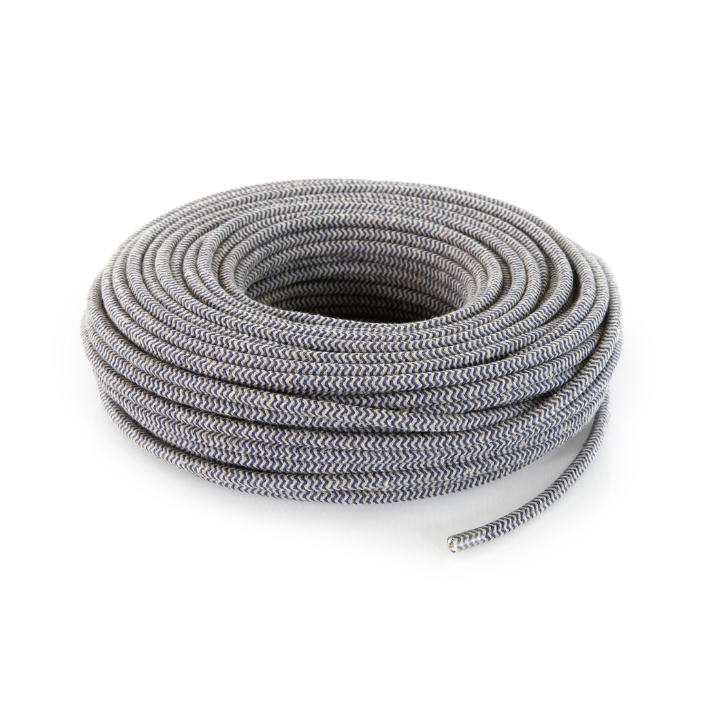 Câble électrique rond recouvert de tissu coloré Sable/Jeans.