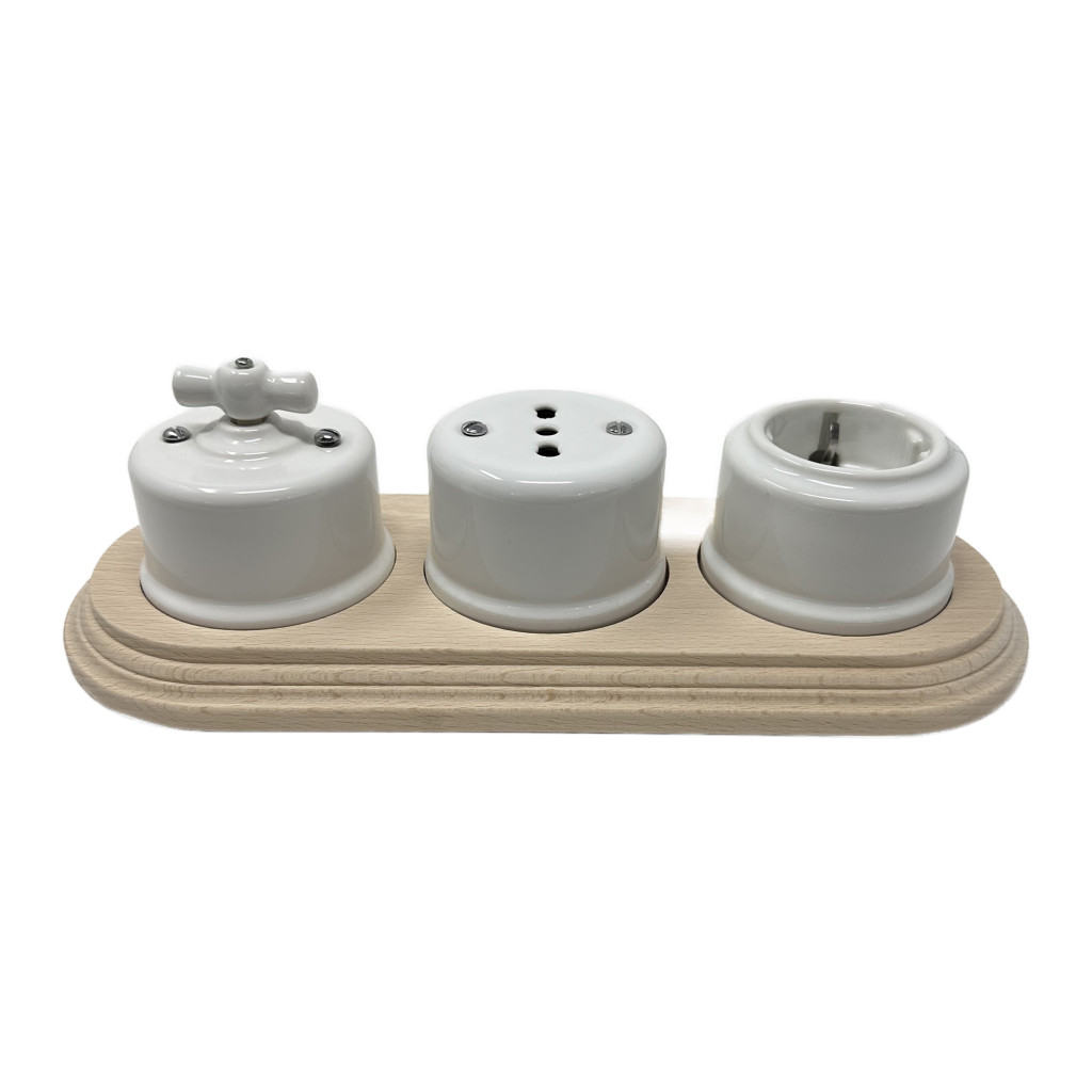 Base triple en bois naturel pour interrupteurs/déviateurs et prises