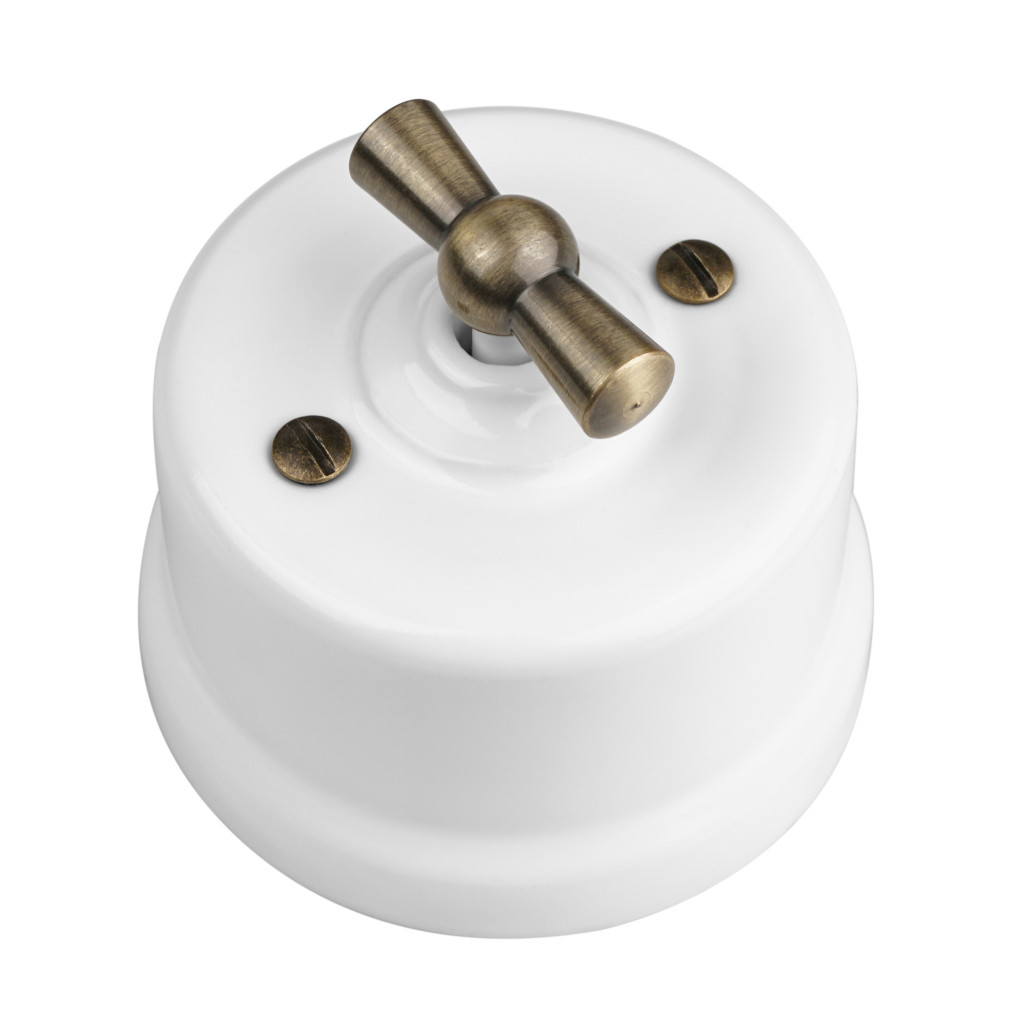 Conmutador de cruce de porcelana blanca con mando de ranura en metal gris hierro ø65 mm