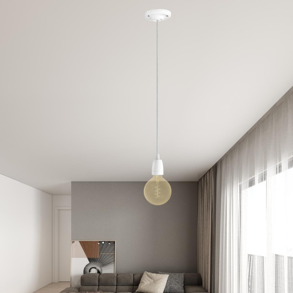 Sospensione singola in porcellana con cavo tessile LM01 Bianco