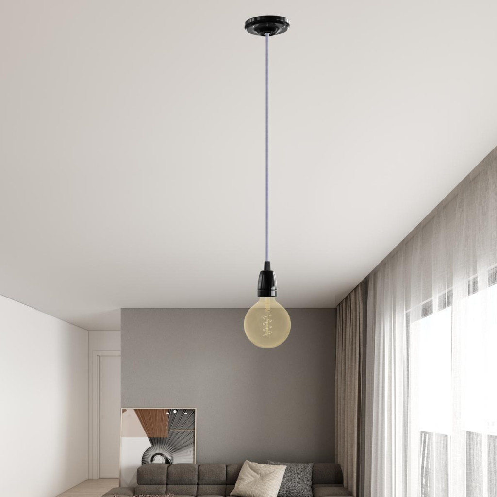 Sospensione singola in porcellana con cavo tessile LM02 Lilla