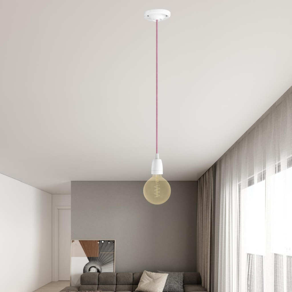Sospensione singola in porcellana con cavo tessile LM04 Fucsia