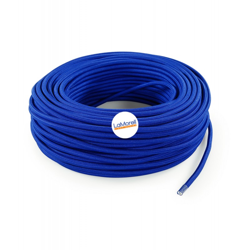 Round electric cable wrapped in blu fabric.