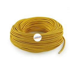 Round electric cable wrapped in gold fabric.