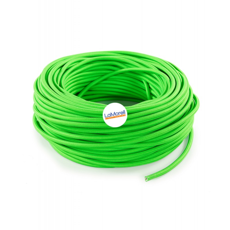Round electric cable wrapped in fluo green fabric.