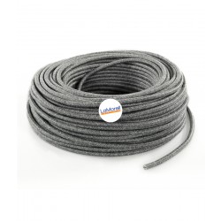 Round electric cable wrapped in canvas grey fabric.