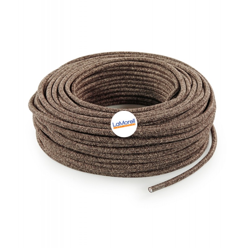 Round electric cable wrapped in canvas brown fabric.